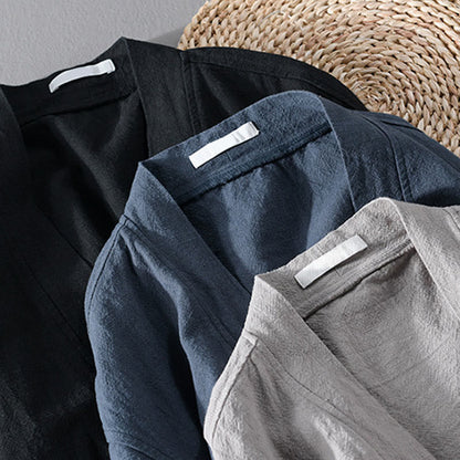 Buddha Stones Simple Long Sleeve Open Front Ramie Cotton Men's Shirts With Pockets