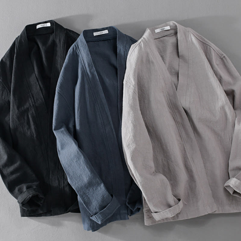 Buddha Stones Simple Long Sleeve Open Front Ramie Cotton Men's Shirts With Pockets