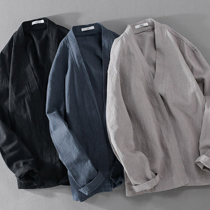 Buddha Stones Simple Long Sleeve Open Front Ramie Cotton Men's Shirts With Pockets