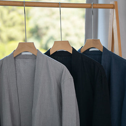 Buddha Stones Simple Long Sleeve Open Front Ramie Cotton Men's Shirts With Pockets