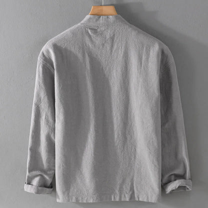 Buddha Stones Simple Long Sleeve Open Front Ramie Cotton Men's Shirts With Pockets