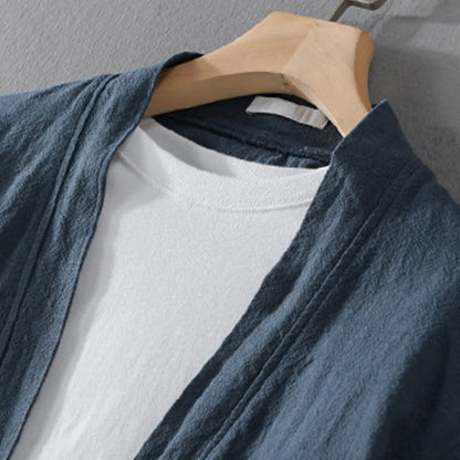Buddha Stones Simple Long Sleeve Open Front Ramie Cotton Men's Shirts With Pockets
