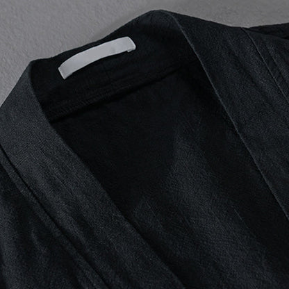 Buddha Stones Simple Long Sleeve Open Front Ramie Cotton Men's Shirts With Pockets