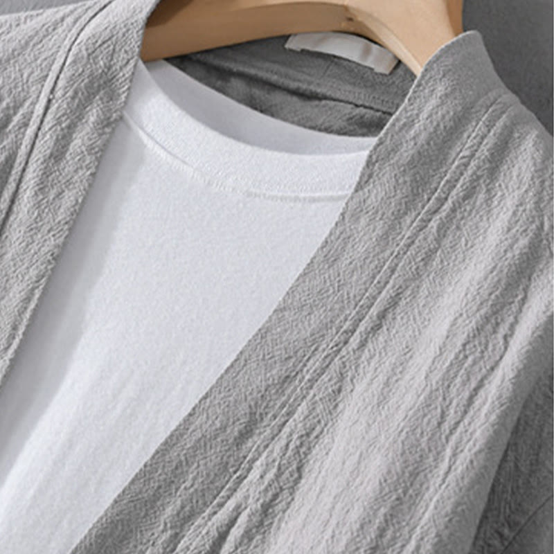 Buddha Stones Simple Long Sleeve Open Front Ramie Cotton Men's Shirts With Pockets