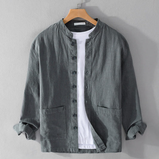 Buddha Stones Solid Long Sleeve Button Down Ramie Cotton Men's Shirts With Pockets