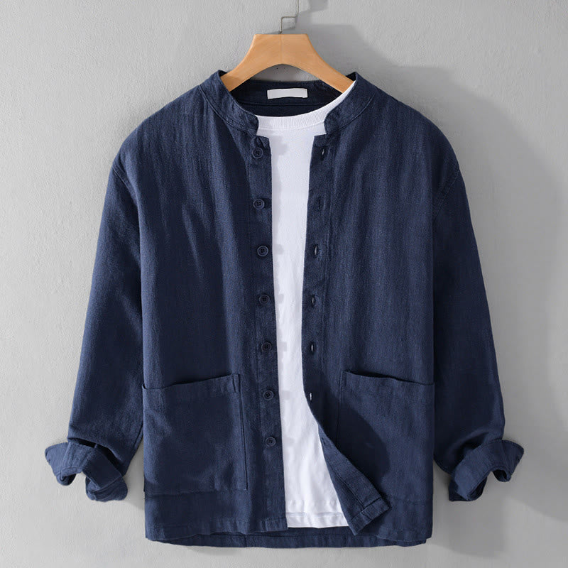 Buddha Stones Solid Long Sleeve Button Down Ramie Cotton Men's Shirts With Pockets