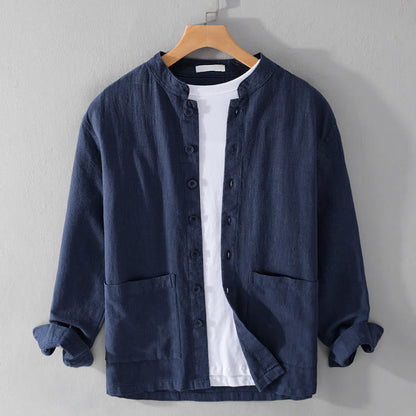 Buddha Stones Solid Long Sleeve Button Down Ramie Cotton Men's Shirts With Pockets