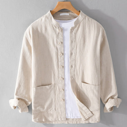 Buddha Stones Solid Long Sleeve Button Down Ramie Cotton Men's Shirts With Pockets
