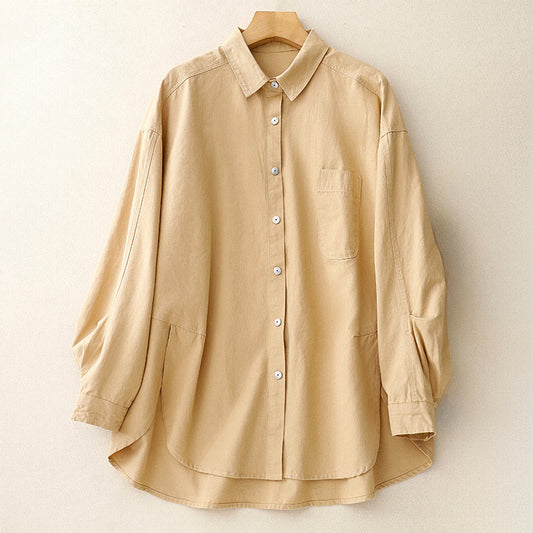 Buddha Stones Casual Women's Stand Collar Long Sleeve Design Plain Cotton Shirt