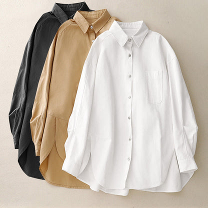 Buddha Stones Casual Women's Stand Collar Long Sleeve Design Plain Cotton Shirt