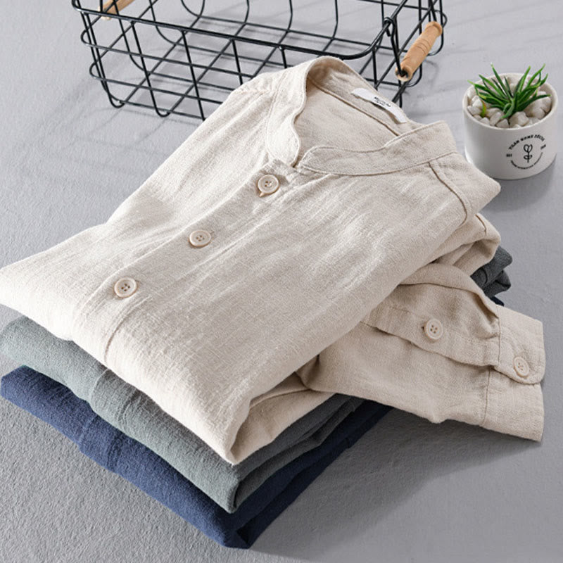 Buddha Stones Solid Long Sleeve Button Down Ramie Cotton Men's Shirts With Pockets