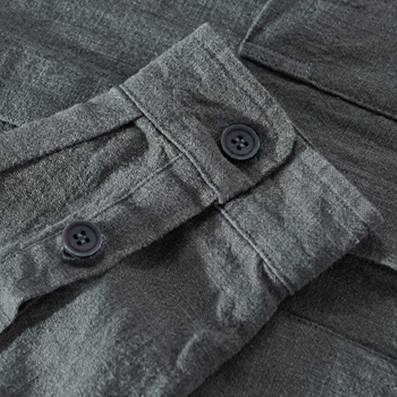Buddha Stones Solid Long Sleeve Button Down Ramie Cotton Men's Shirts With Pockets