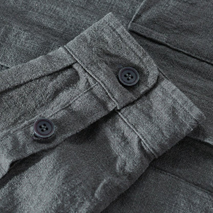 Buddha Stones Solid Long Sleeve Button Down Ramie Cotton Men's Shirts With Pockets