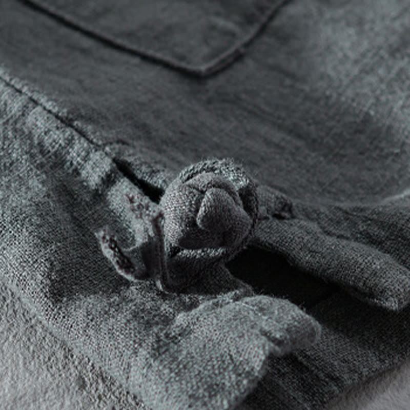 Buddha Stones Solid Long Sleeve Button Down Ramie Cotton Men's Shirts With Pockets