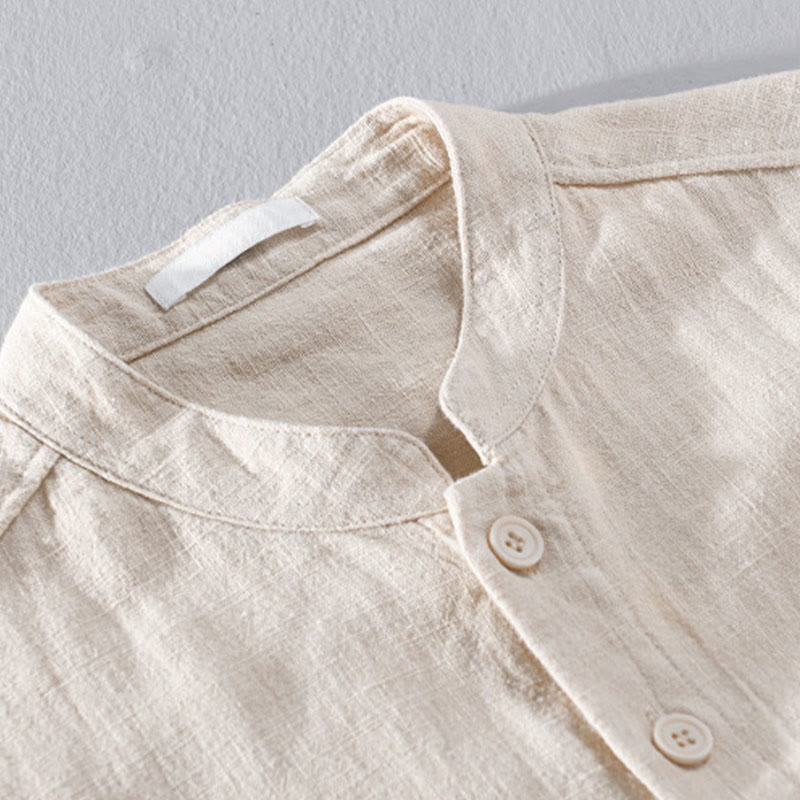 Buddha Stones Solid Long Sleeve Button Down Ramie Cotton Men's Shirts With Pockets