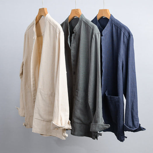 Buddha Stones Solid Long Sleeve Button Down Ramie Cotton Men's Shirts With Pockets