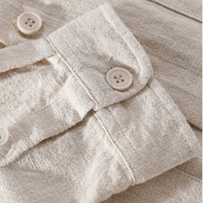 Buddha Stones Solid Long Sleeve Button Down Ramie Cotton Men's Shirts With Pockets