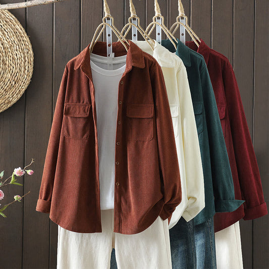 Buddha Stones Corduroy Women's Cotton Long Sleeve Jacket With Pockets
