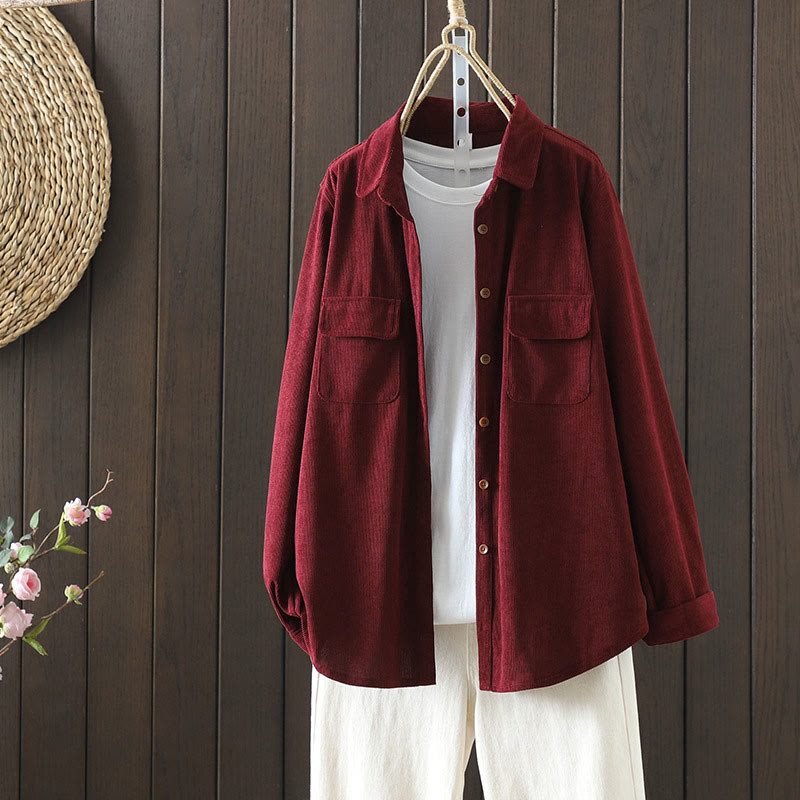 Buddha Stones Corduroy Women's Cotton Long Sleeve Jacket With Pockets