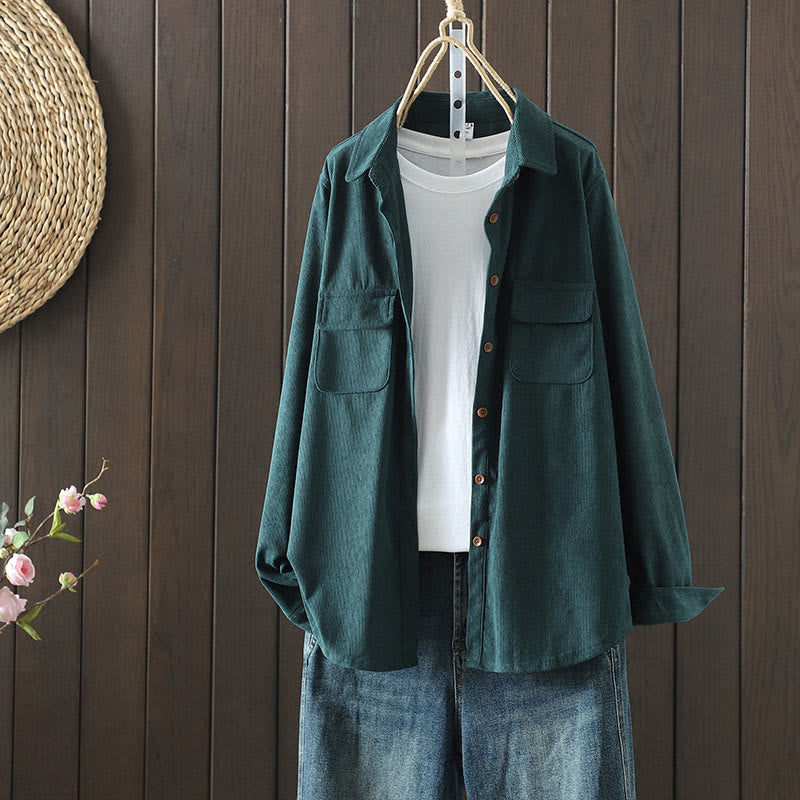 Buddha Stones Corduroy Women's Cotton Long Sleeve Jacket With Pockets
