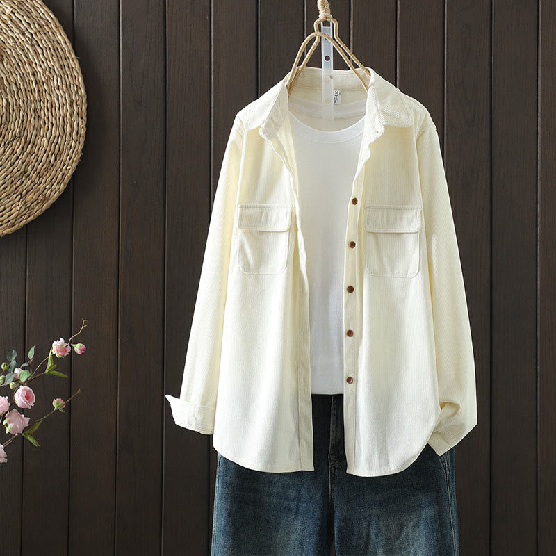 Buddha Stones Corduroy Women's Cotton Long Sleeve Jacket With Pockets