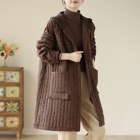 Buddha Stones Plain Notched Women's Cotton Padded Coat With Pockets