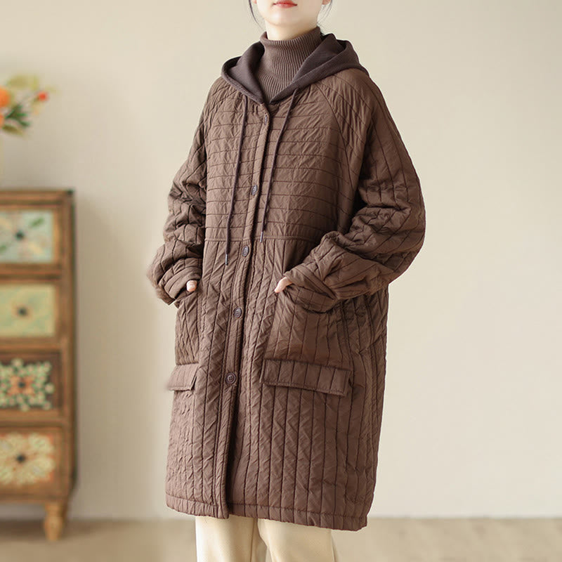 Buddha Stones Plain Notched Women's Cotton Padded Coat With Pockets