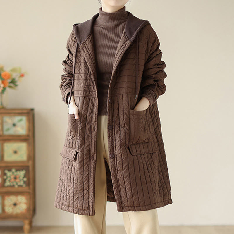 Buddha Stones Plain Notched Women's Cotton Padded Coat With Pockets