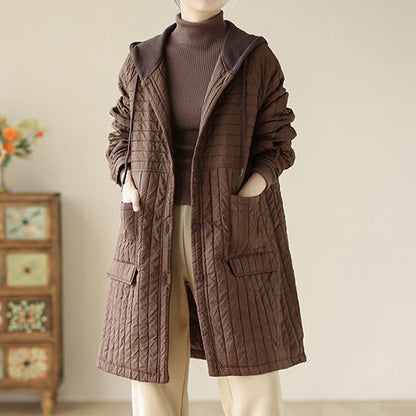 Buddha Stones Plain Notched Women's Cotton Padded Coat With Pockets
