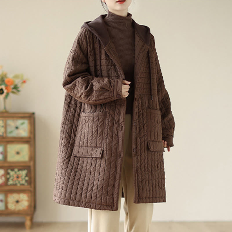 Buddha Stones Plain Notched Women's Cotton Padded Coat With Pockets