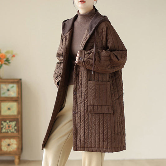 Buddha Stones Plain Notched Women's Cotton Padded Coat With Pockets