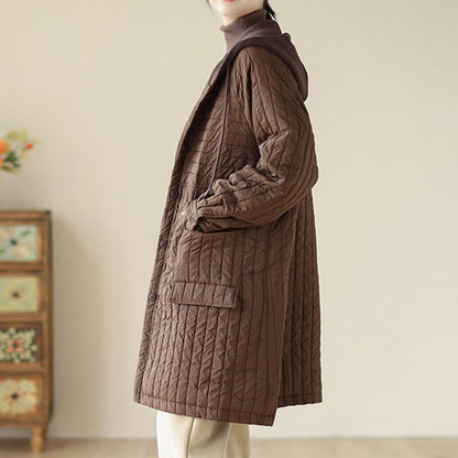 Buddha Stones Plain Notched Women's Cotton Padded Coat With Pockets