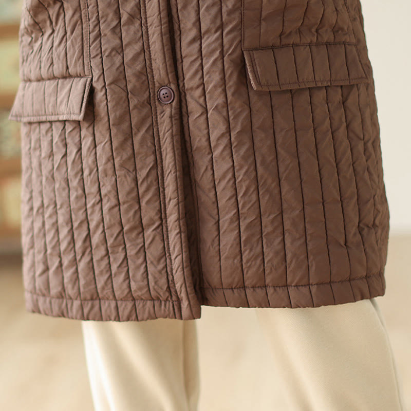 Buddha Stones Plain Notched Women's Cotton Padded Coat With Pockets