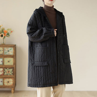 Buddha Stones Plain Notched Women's Cotton Padded Coat With Pockets