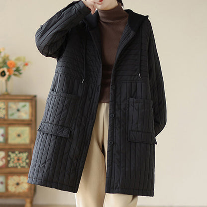 Buddha Stones Plain Notched Women's Cotton Padded Coat With Pockets