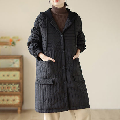 Buddha Stones Plain Notched Women's Cotton Padded Coat With Pockets