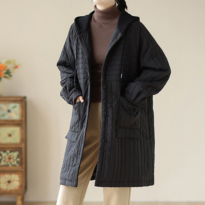 Buddha Stones Plain Notched Women's Cotton Padded Coat With Pockets