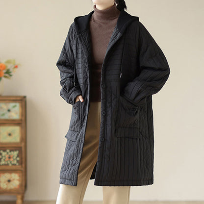 Buddha Stones Plain Notched Women's Cotton Padded Coat With Pockets