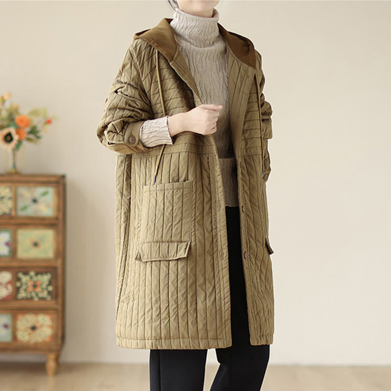 Buddha Stones Plain Notched Women's Cotton Padded Coat With Pockets