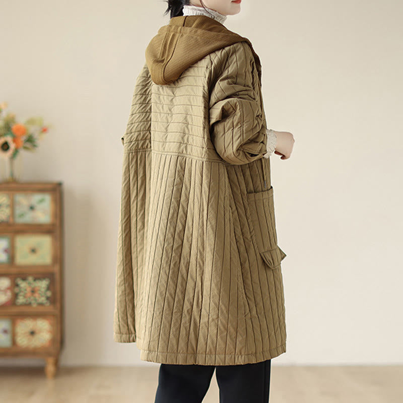 Buddha Stones Plain Notched Women's Cotton Padded Coat With Pockets