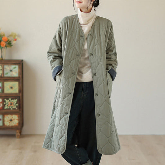 Buddha Stones Plain Buttons Women's Cotton Padded Coat With Pockets