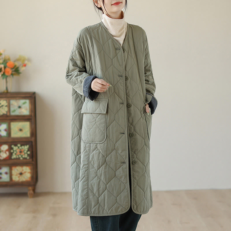 Buddha Stones Plain Buttons Women's Cotton Padded Coat With Pockets