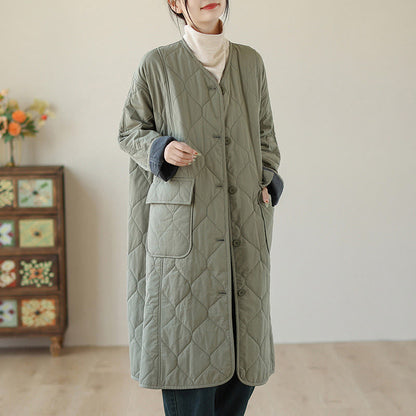 Buddha Stones Plain Buttons Women's Cotton Padded Coat With Pockets