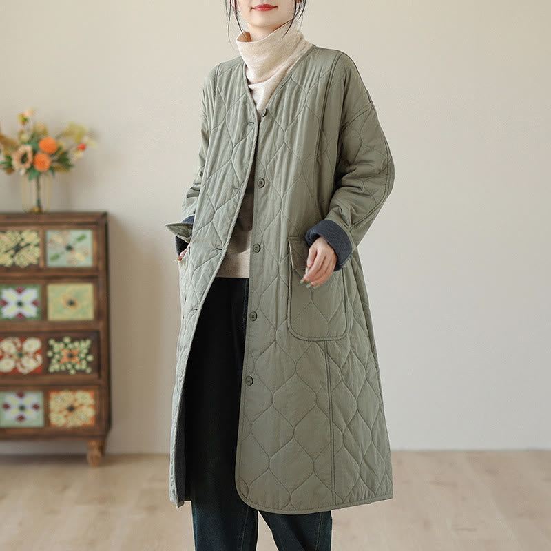 Buddha Stones Plain Buttons Women's Cotton Padded Coat With Pockets