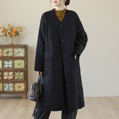 Buddha Stones Plain Buttons Women's Cotton Padded Coat With Pockets