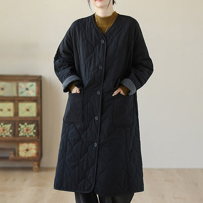Buddha Stones Plain Buttons Women's Cotton Padded Coat With Pockets