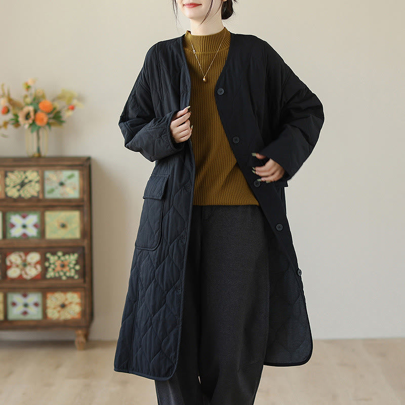 Buddha Stones Plain Buttons Women's Cotton Padded Coat With Pockets