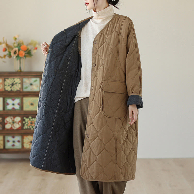 Buddha Stones Plain Buttons Women's Cotton Padded Coat With Pockets
