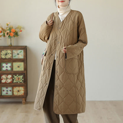Buddha Stones Plain Buttons Women's Cotton Padded Coat With Pockets