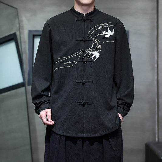 Buddha Stones Frog-Button Swallow Embroidery Stand Collar Long Sleeve Tang Suit Men's Shirt